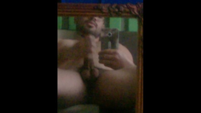 Stud with Big Saggy Nuts Cums in Mirror