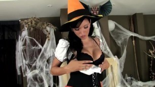 Sexy Babe Teasing and Fingering in Fishnets and Panties for Halloween